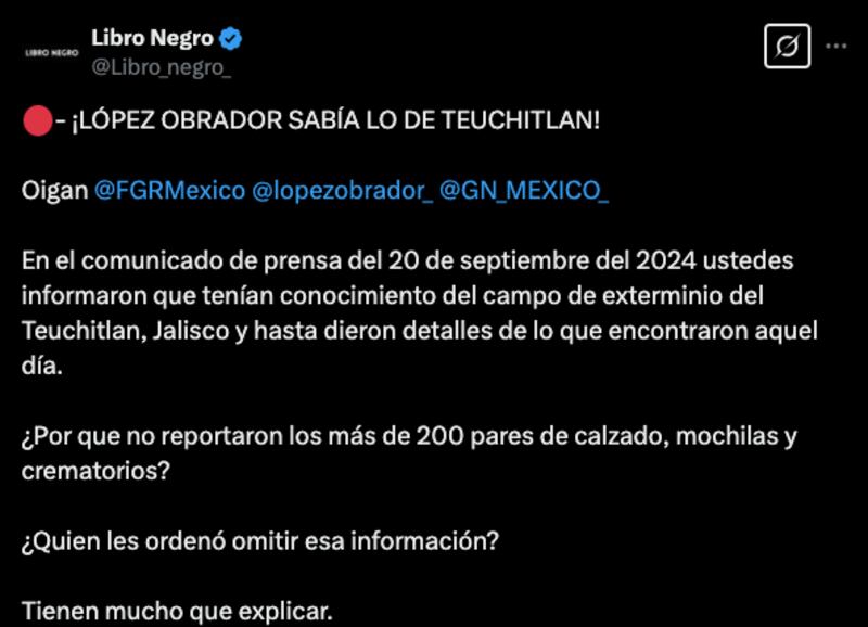 Tuit cuestionamiento contra AMLO sobre campo de adiestramiento de Teuchitlán