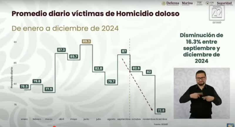 Gráfico de promedio diario de víctimas de homicidio doloso de enero a diciembre 2024