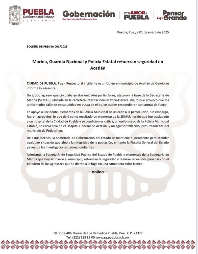 Comunicado gobierno de Puebla sobre ataque en Acatlán de Osorio