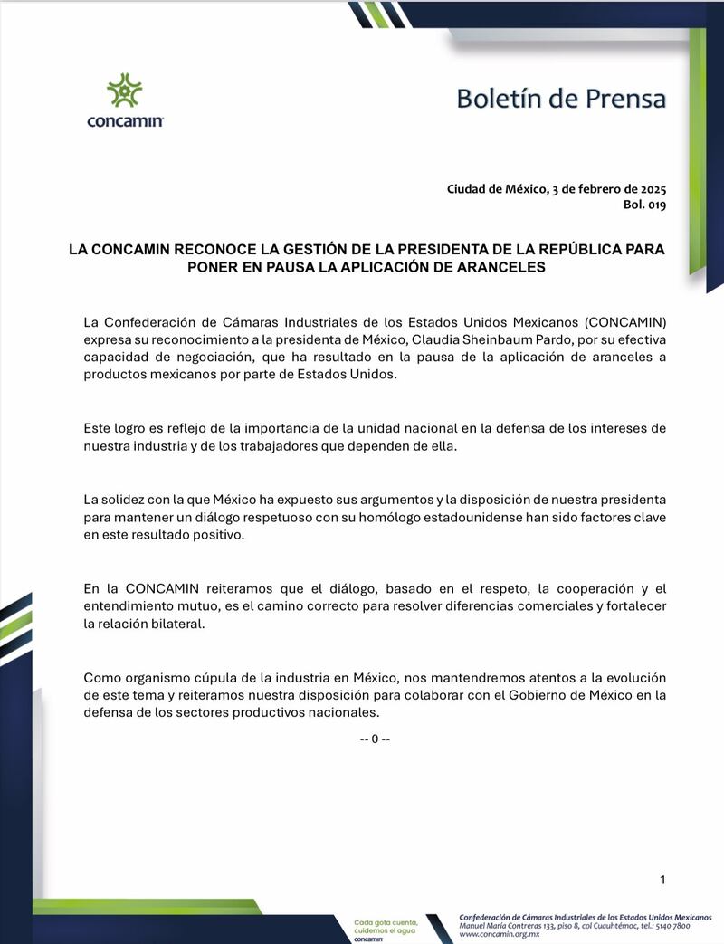 Comunicado de la CONCAMIN