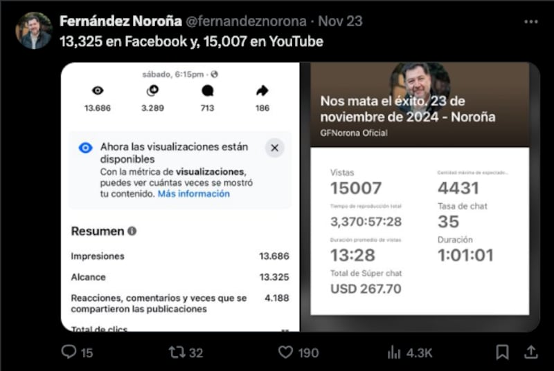 Tuit Noroña presumiendo sus números en redes sociales.