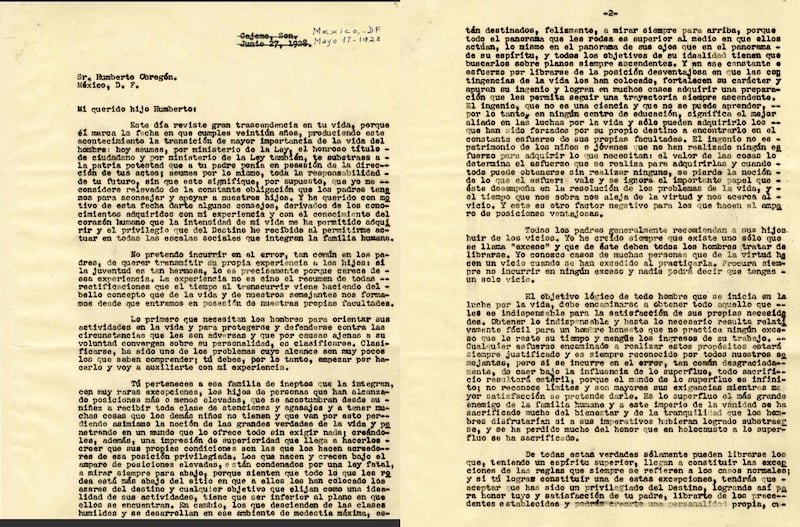 Carta de Álvaro Obregón a su hijo Humberto